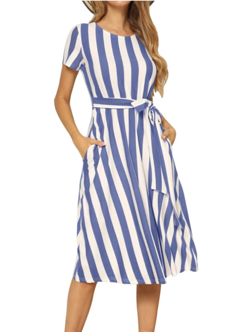 LEVACA Flowy Blue and White Striped Summer Midi Dress